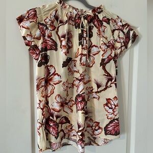 Philosophy Cream Floral Print Women's Short Sleeve Ruffle Blouse Size Small